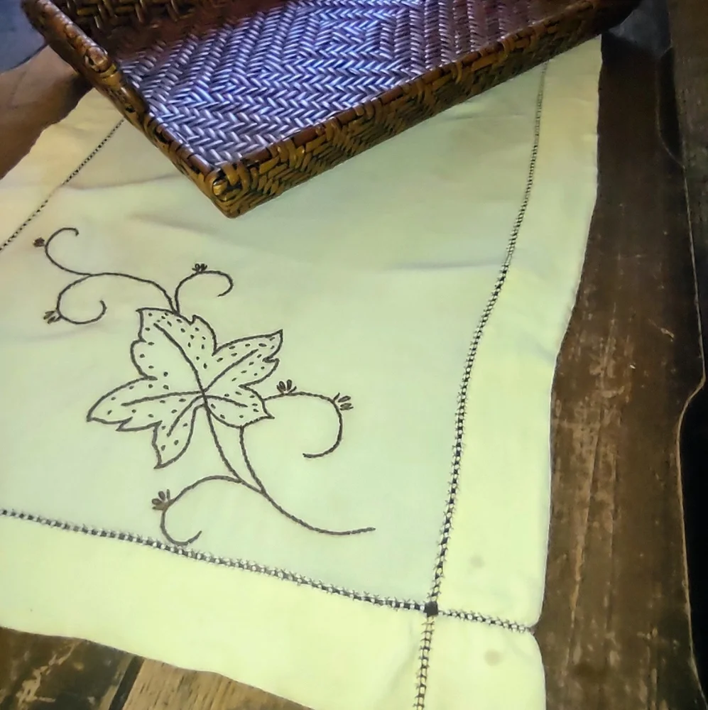 Sunshine Yellow Brown Oak Leaf Vintage Hand Embroidered Table Runner